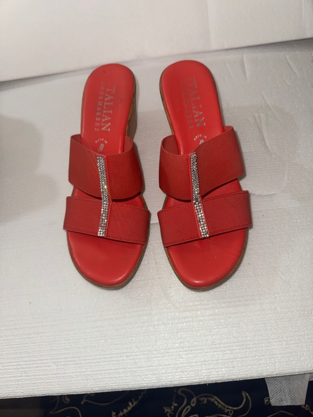 Italian Shoemakers Red Slide Mules with Rhinestone Trim